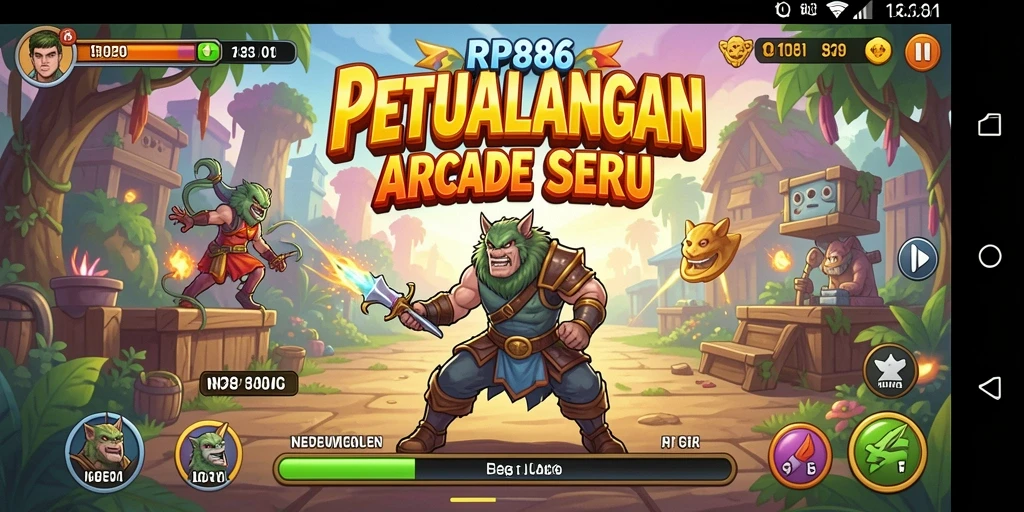 Tangkapan layar utama dari RP886 menunjukkan gameplay Arcade yang seru dan penuh warna.