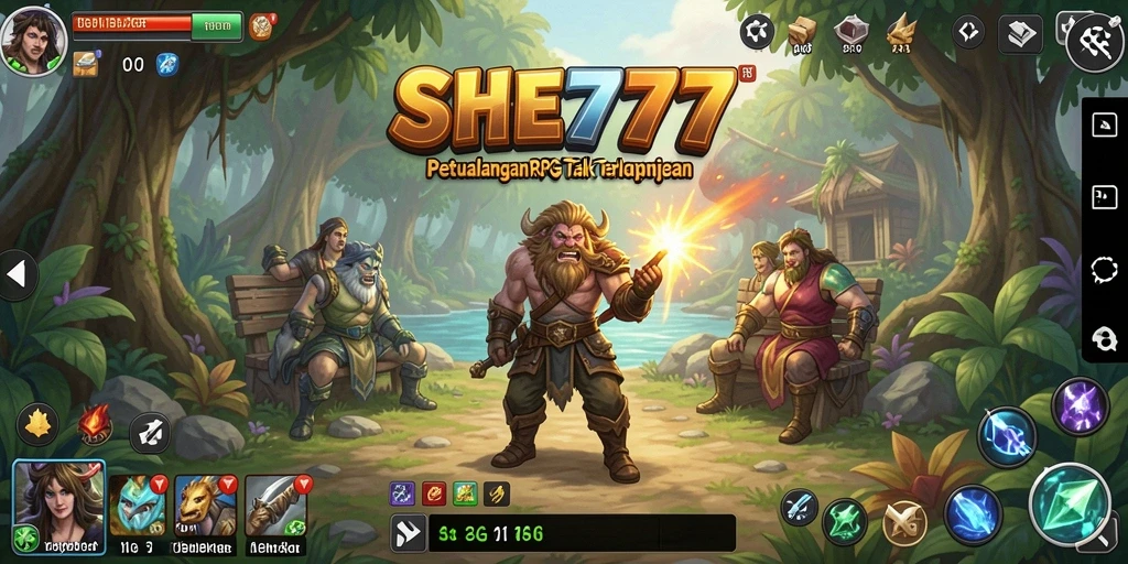 Tangkapan layar utama SHE777 menunjukkan aksi RPG yang mendebarkan.